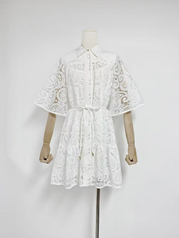 2025 Australian Collar Horn Sleeve Sleeve With Waist Retro Temperament Water-Soluble Lace Dress Skirt